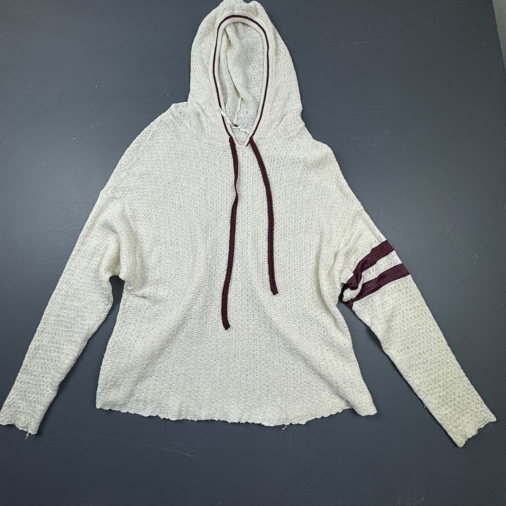 Free People Women's XS White Purple Hooded Sweater Boho Distressed Pullover Top